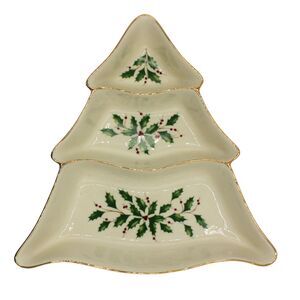 Vintage Lenox Christmas Tree Divided Serving Tray Candy Nut Dish Holly Design